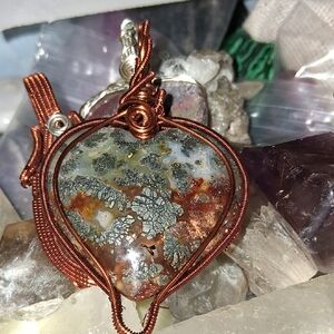 Handcrafted Copper Wire Wrapped Moss Agate Heart Pendant